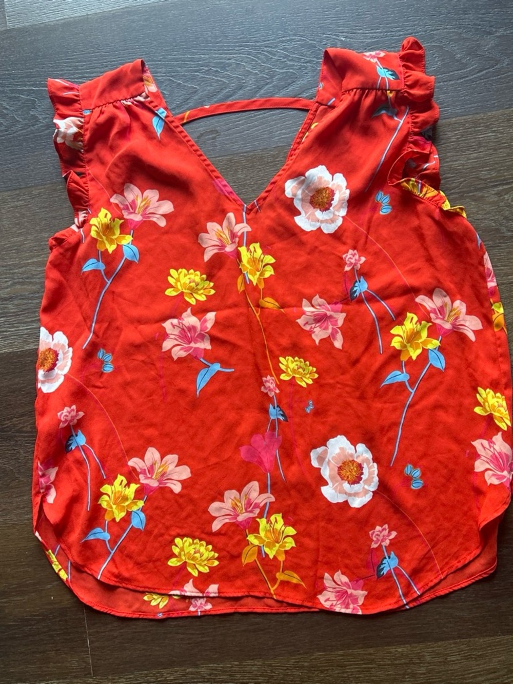 LOFT Red Floral V-Neck Ruffle Strap Camisole